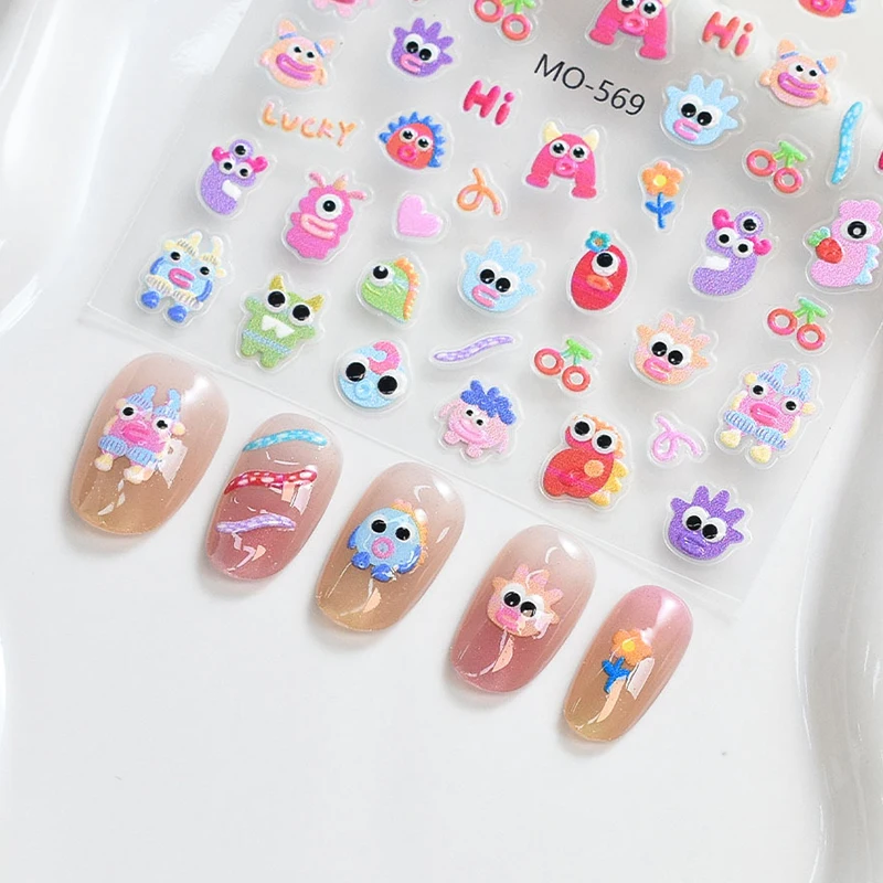 Autocollants pour ongles 3D petit monstre mignon, curseur de dessin animé Kawaii pour ongles, décalcomanies auto-adhésives, décoration de manucure de Style japonais