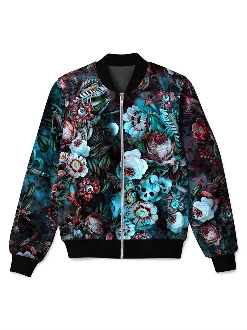 Flower Skull Pattern Zipper Jacket Men Women 3d Printed Floral Colorful Coat Zip Up Jackets Tops Long Sleeve Bomber Sweatshirt