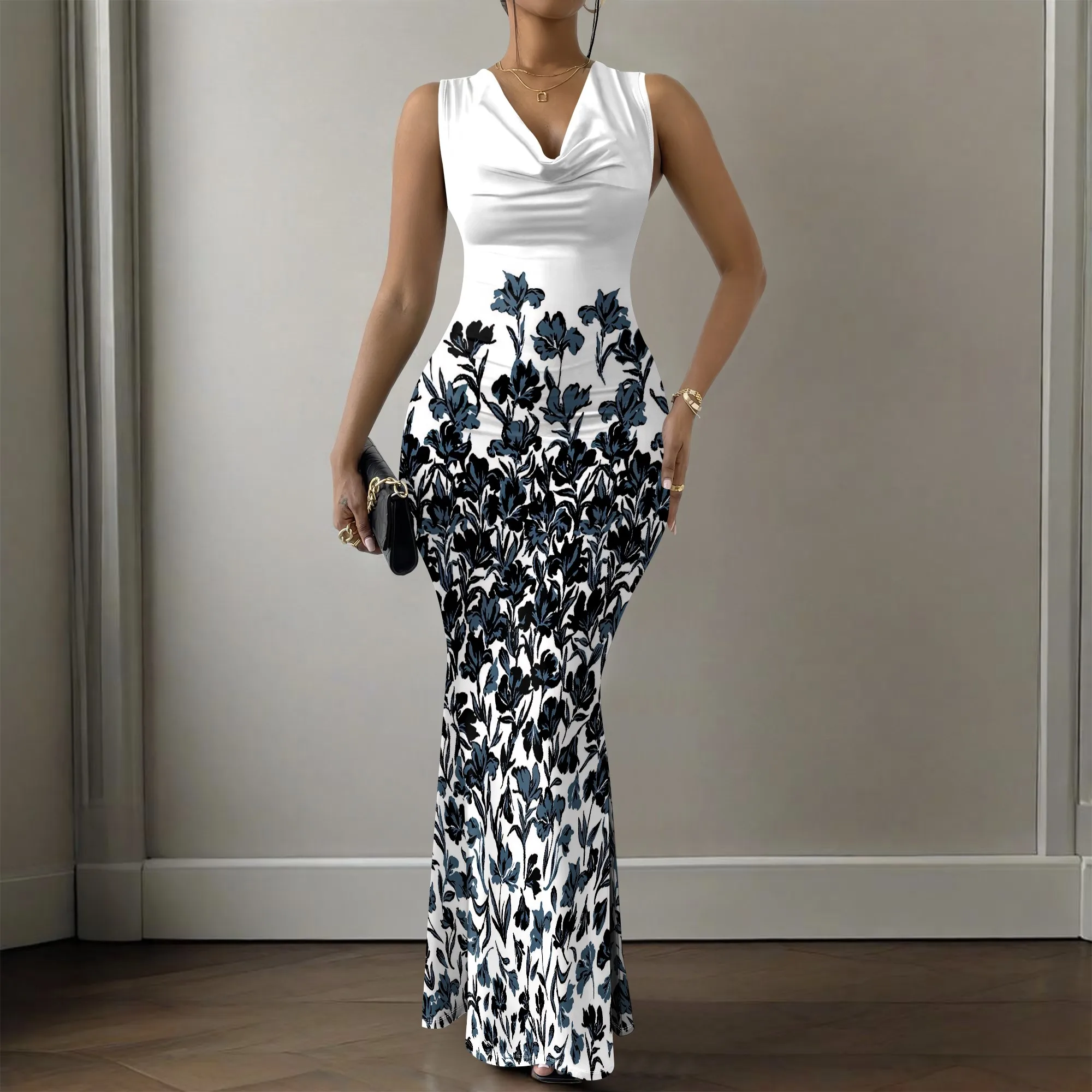 ผู้หญิงคอวีแขนกุด Maxi Dress สีม่วง Sketch พิมพ์ลายดอกไม้ Elegant Bodycon ชุดปาร์ตี้ฤดูร้อน