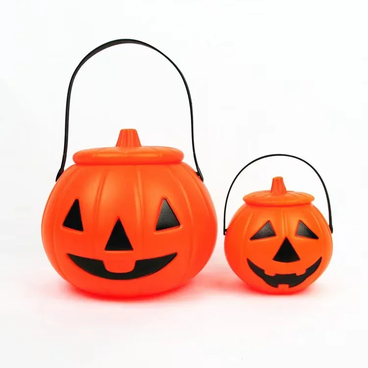 Halloween Decorative Plastic Handle Trick Pumpkin Light Candy Children's Performance Props with Pumpkin Barrel Pumpkin Bucket