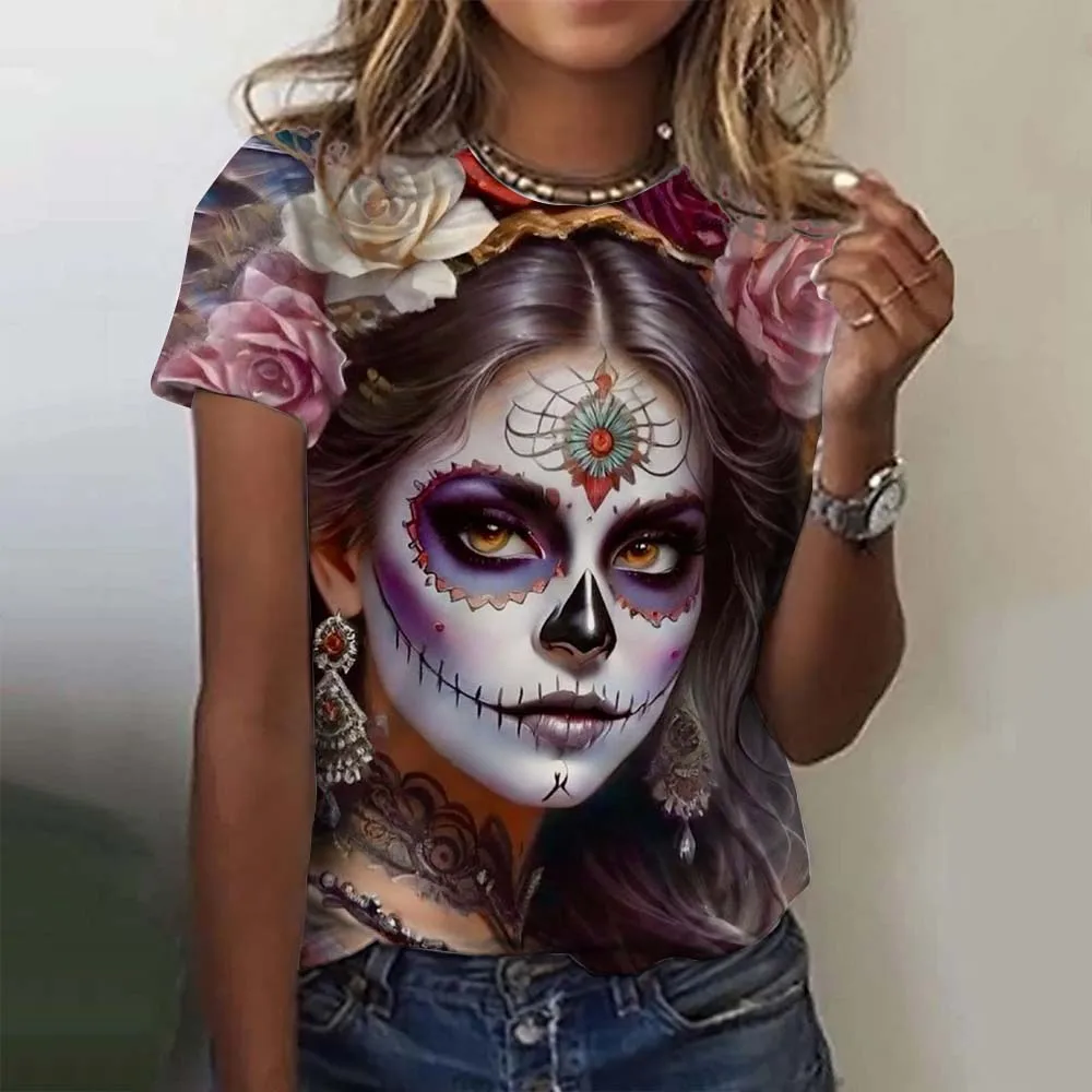 Fashion Horror Undead Skull Pattern 3D Digital Printed T-shirt Summer Short Sleeved Casual Comfortable Round Neck Clothing