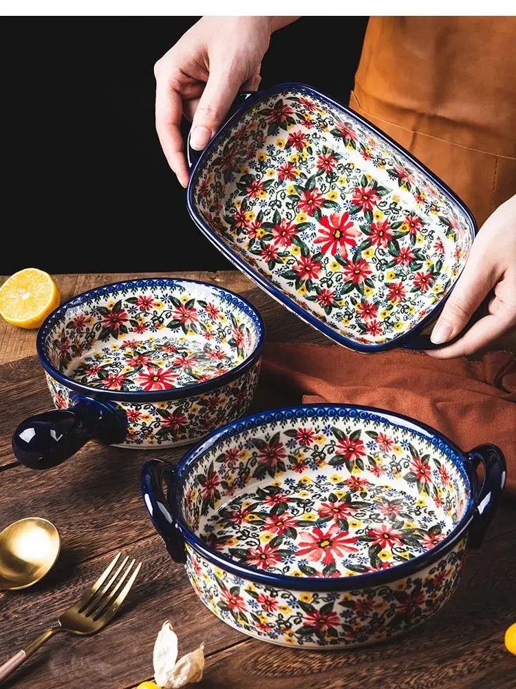 Polish Ceramic Handle Bowl Binaches Round Roasting Pan Home Soup Dedicated Oven and Microwave Binaural