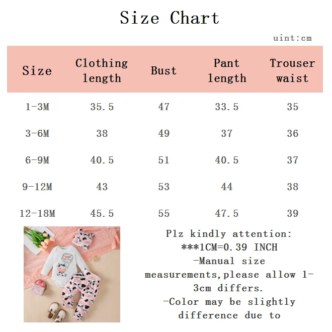 0-18 Monate Baby Mädchen Set Cartoon Kleine Milchkuh Druck Langarm-Strampler+Lange Hose+Mütze Geeignet für Neugeborene Baby Mädchen Süßes Set – Detail 7