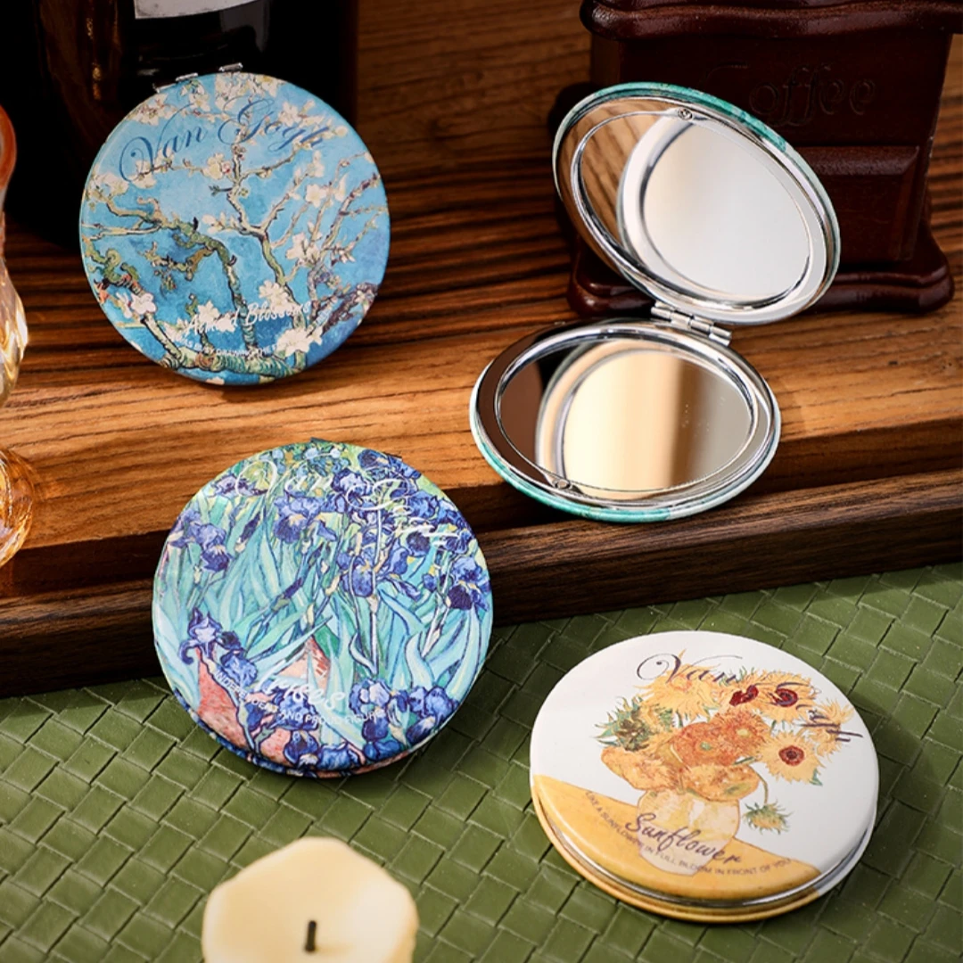 مرآة مدمجة للرسم الزيتي العتيق، مرآة مكياج مستديرة قابلة للطي على الوجهين، مرآة مكياج صغيرة محمولة لمستحضرات التجميل #2