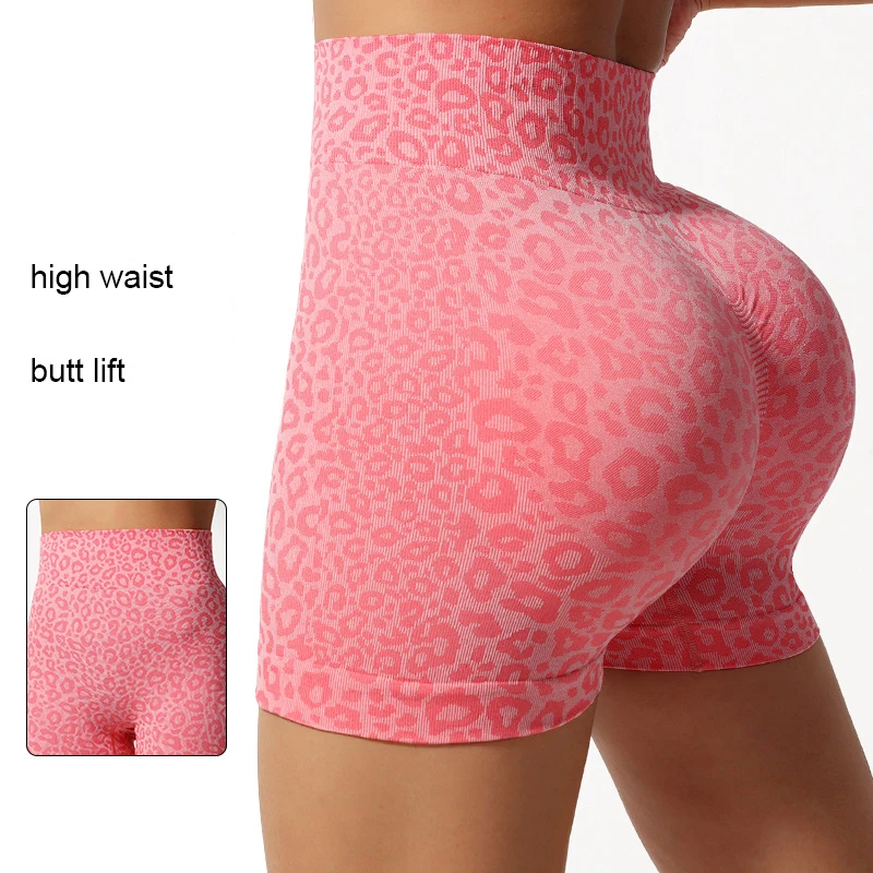 

Pink Leopard Yoga Shorts For Women Fitness Butt Lifting Training Sportswear Seamless Leggings High Waist Workout Running Shorts