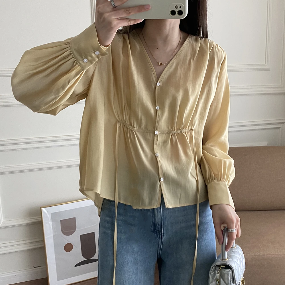 Summer Rayon Women V-Neck Tops Hot Selling Long Sleeves Simplicity Solid Waistband High Street Chic Comfortable Shirts Blouses
