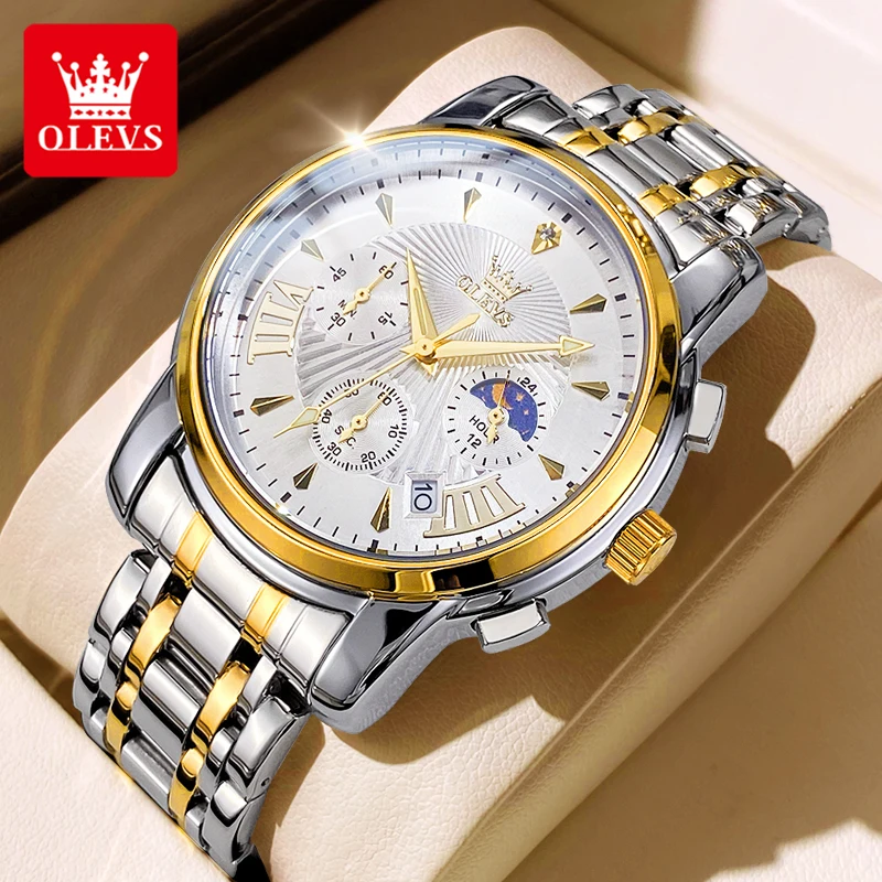 

OLEVS 2892 Classic Men's Watch Moon Phase Waterproof Stainless Steel Analog Quartz Watch for Men Luminous Fashion Wristwatch