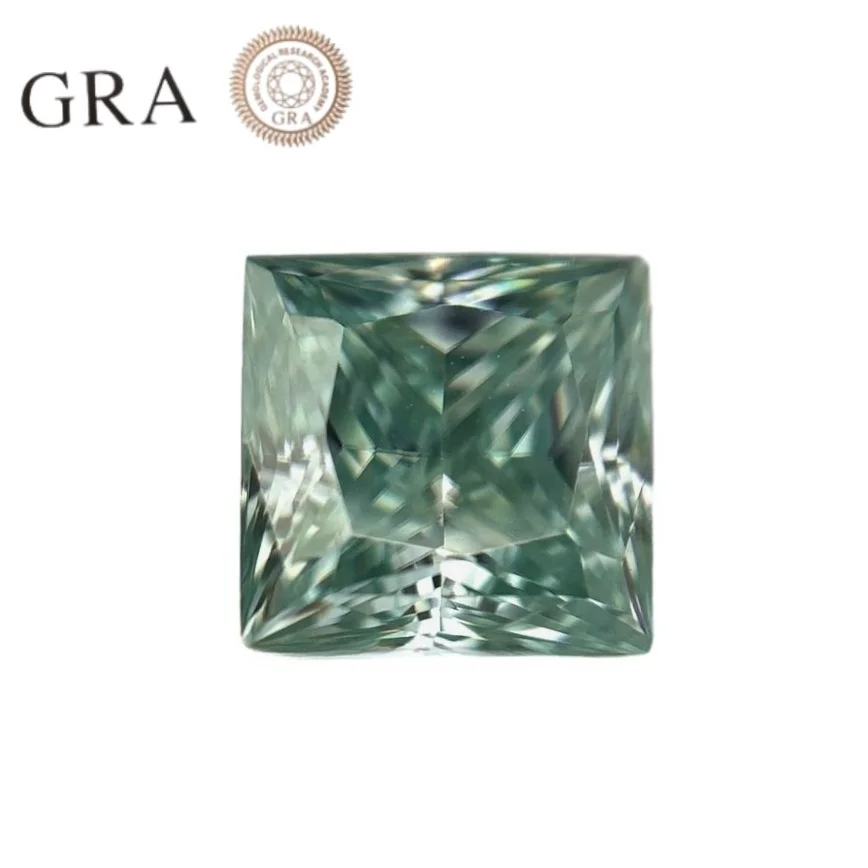 Princess Cut L-Green Color Synthetic Moissanite Stone  vvs1 5x5~9.5x9.5mm  0.8-5 ct   for  Jewelry Making with GRA Certificate