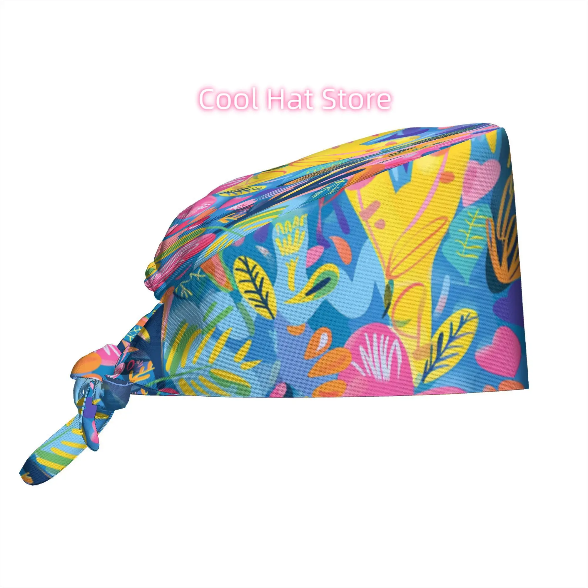 1pc Adjustable Elastic Tie-Back Scrub Cap with The Winter I Turned Pretty Print - Tropical plant leaf patterns