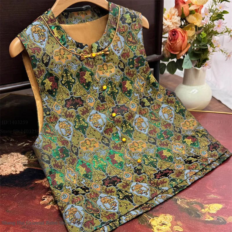 

Жаккардовый топ в стиле Тан, женский жилет, традиционный топ-ципао с воротником-стойкой и застежкой, без рукавов, сексуальный жилет-куртка, верхняя одежда, 4XL