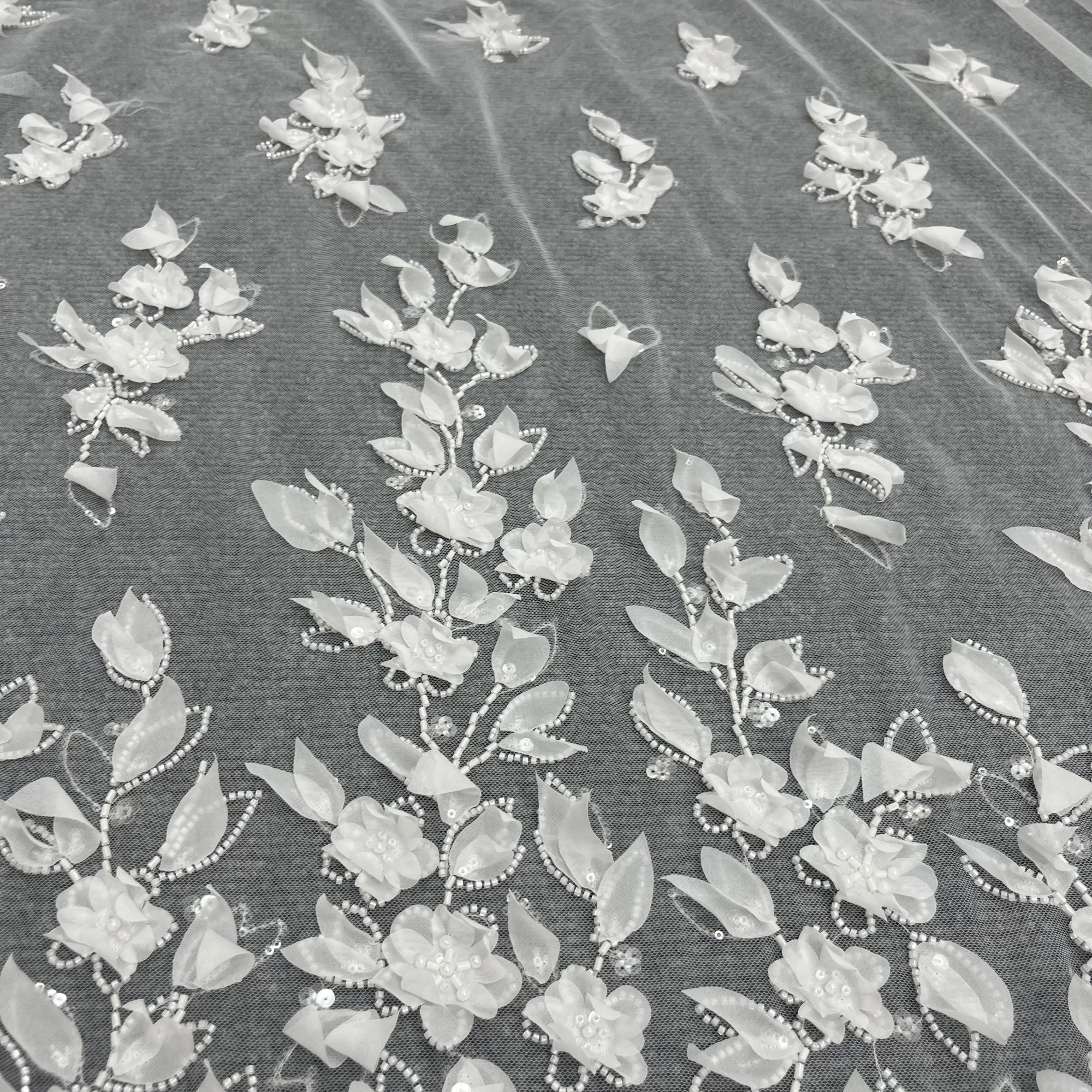 Three-Dimensional Handmade Leaf Sequins Embroidery High-End Bridal Dress Design Fabric