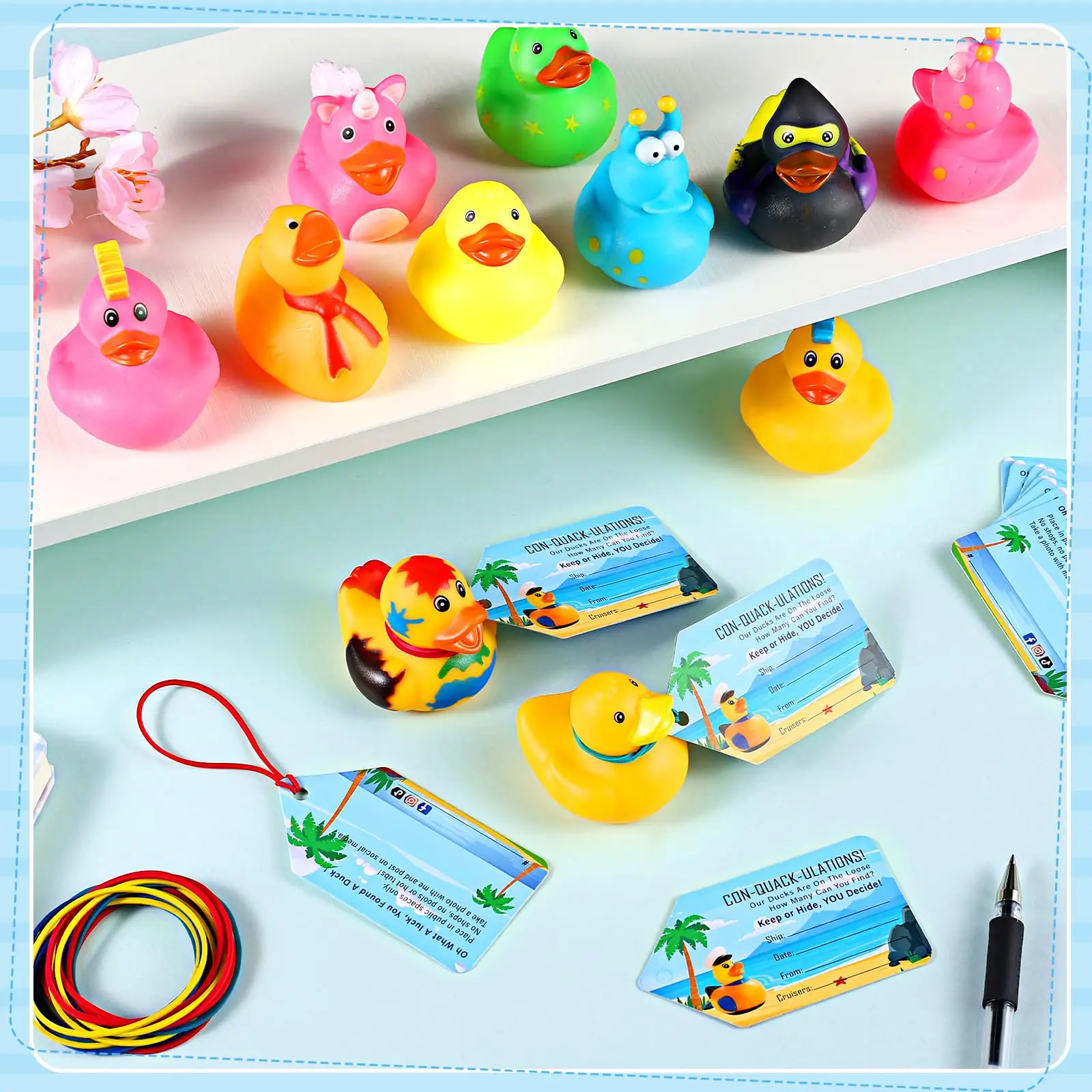 90Pcs Cruise Duck Kit Include 30CruiseDuck with 30 Cruise DuckTag 30Rubber Band,Assortment Rubber Duck with Tag for Cruise Ship