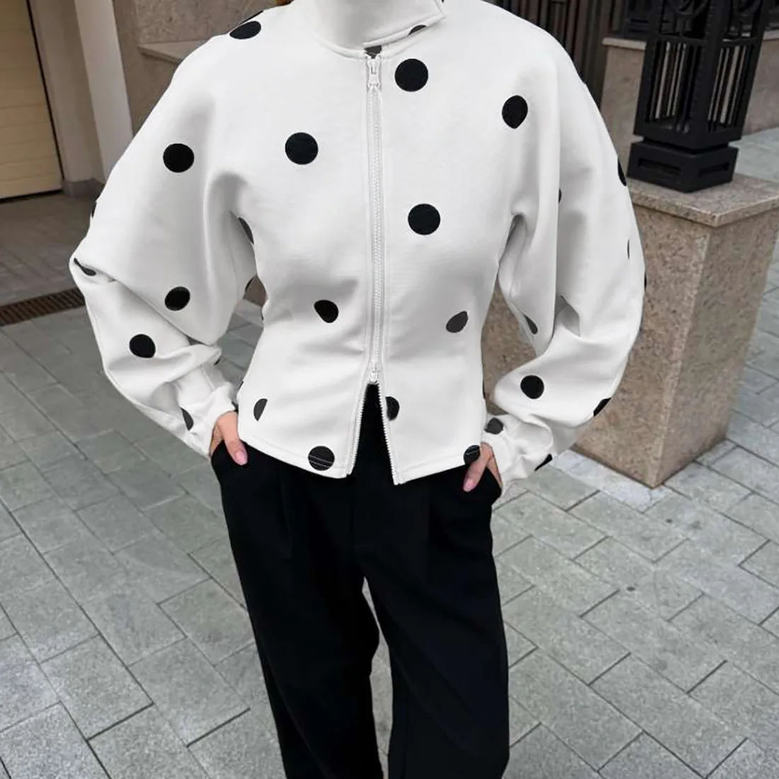 2025 nuevo estilo europeo y americano Otoño e Invierno ropa de mujer moda temperamento lunares cuello alto doble cremallera