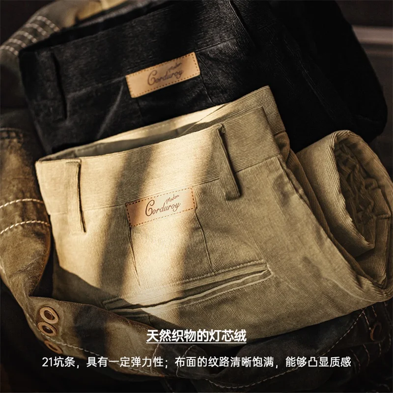 Maden Retro Khaki Corduroy Pants Elastic Waist Casual Straight-leg Long Pants Versatile Loose Fit Trousers for Spring and Autumn