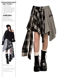 Autumn Winter Women 2000s Aesthetic Plaid Patchwork Mini Irregular Skirt Gyaru Coquette Chic Y2k Harajuku E-girl Hot Grunge