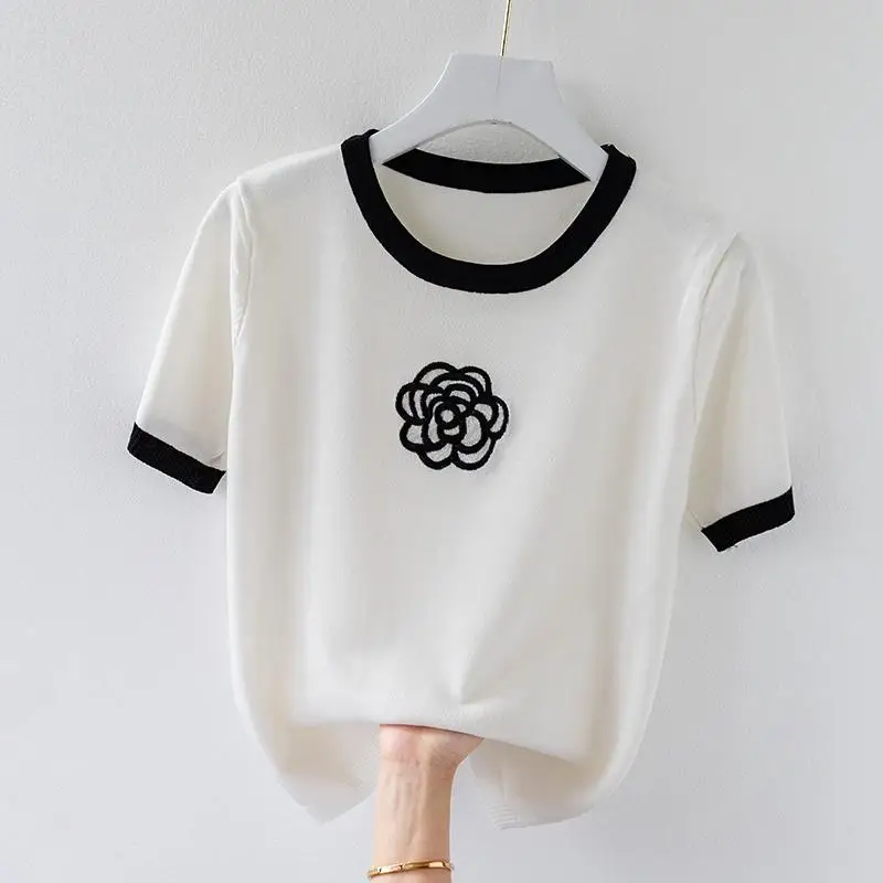 Knitted T Shirt for Women Summer Flower Embroidery Designer Luxury Clothes Slim Tops  Women's Short Fashion Short Sleeve T-shirt