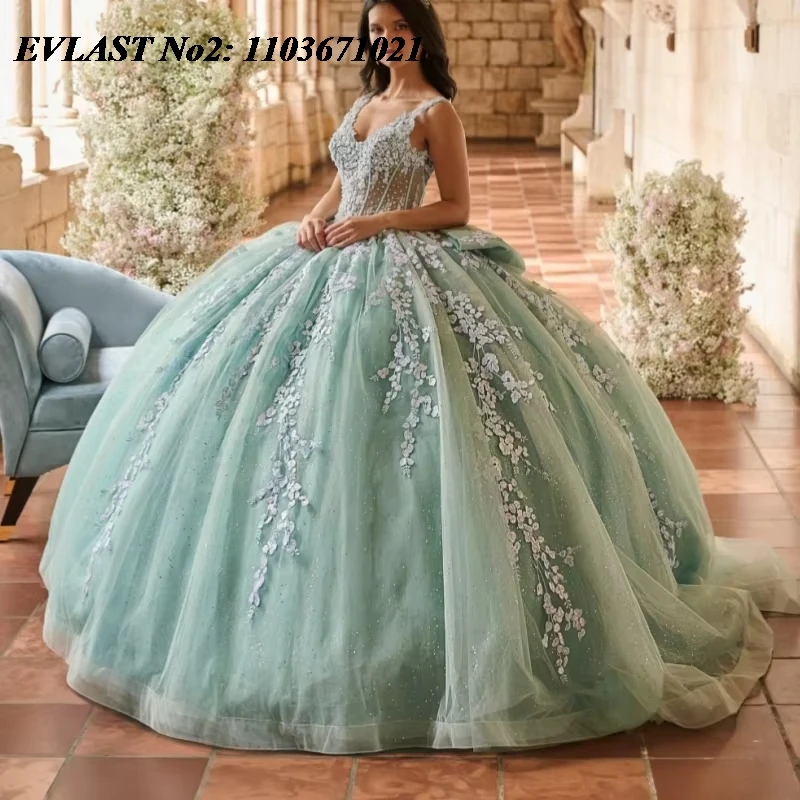 

EVLAST блестящее мятное платье Quinceanera по индивидуальному заказу, бальное платье, кружевная аппликация, корсет с бантом и бисером, Sweet 16, Vestidos De 15 Anos E2Q40