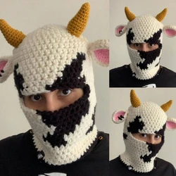 Novelty Ox Horn Knit Balaclava for Women Men Winter Warm Facecover Hat Adult Halloween Party Costume Beanie