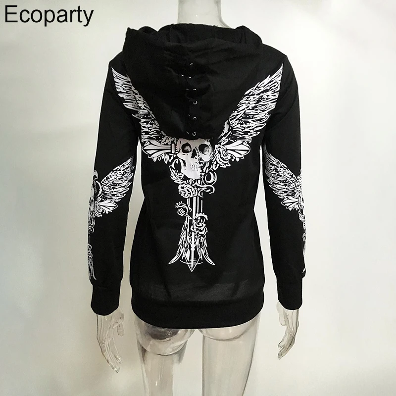 New Women Gothic 3d Skull Printed Hoodie Coat Black Long Sleeves Zip Up Loose Casual Hooded Jacket Aldult Darkness Sweatshirt