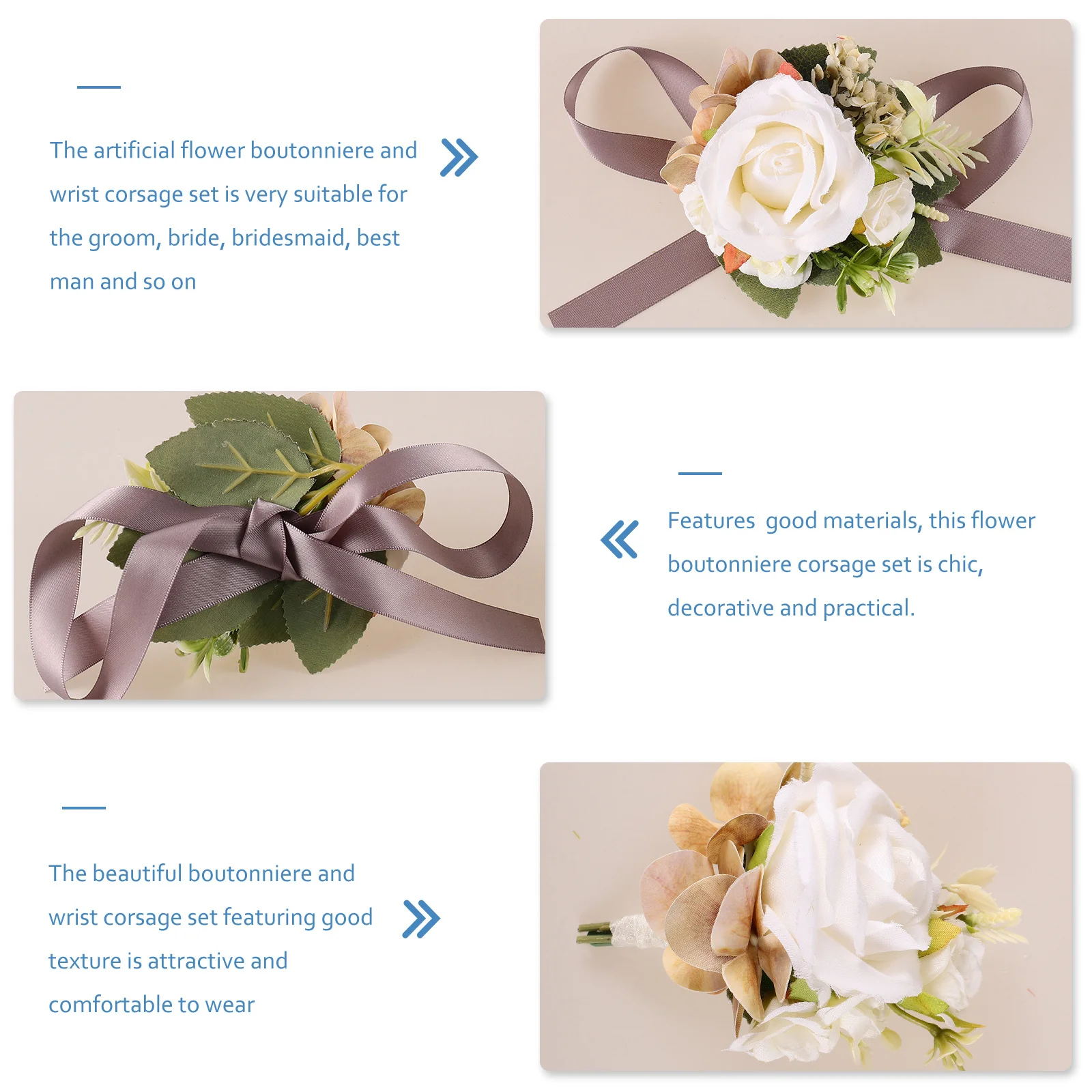 

1Set Artificial Flower Boutonniere Wrist Corsage Set Silk Ribbon Wedding Bride Groom Accessories Corsage Bracelet