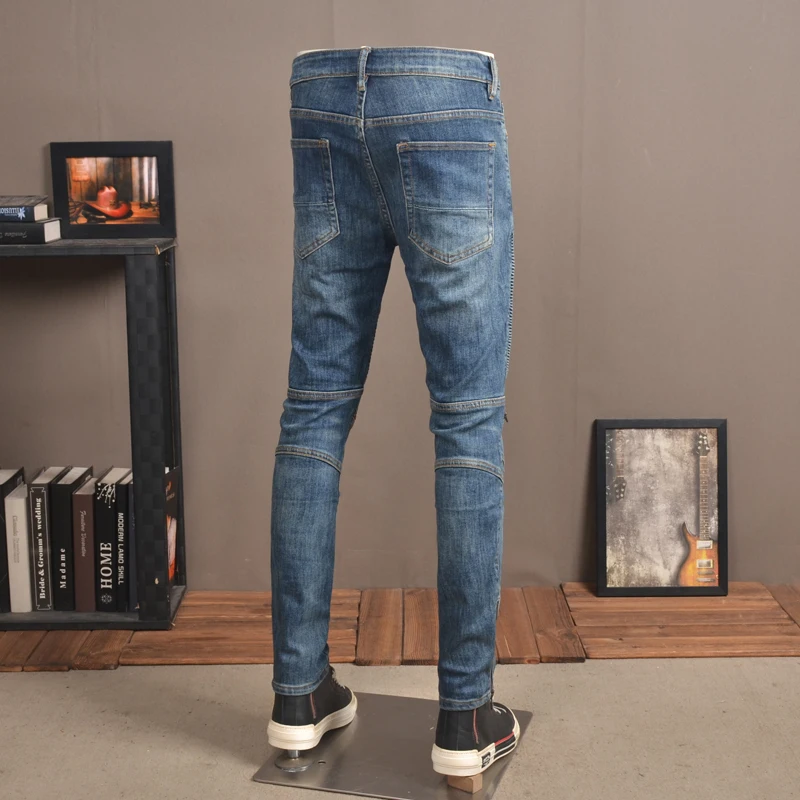 Jeans Pria Fashion Jalan Jeans Pengendara Sepeda Terpasang Pas Badan Elastis Biru Retro Celana Denim Hip Hop Desainer Ritsleting Bawah Homme Pria