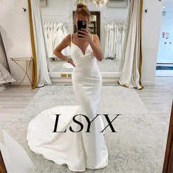 LSYX Customized Simple V-Neck Sleeveless Satin Pleats White Mermaid Wedding Dress Open Back Court Train Bridal Gown