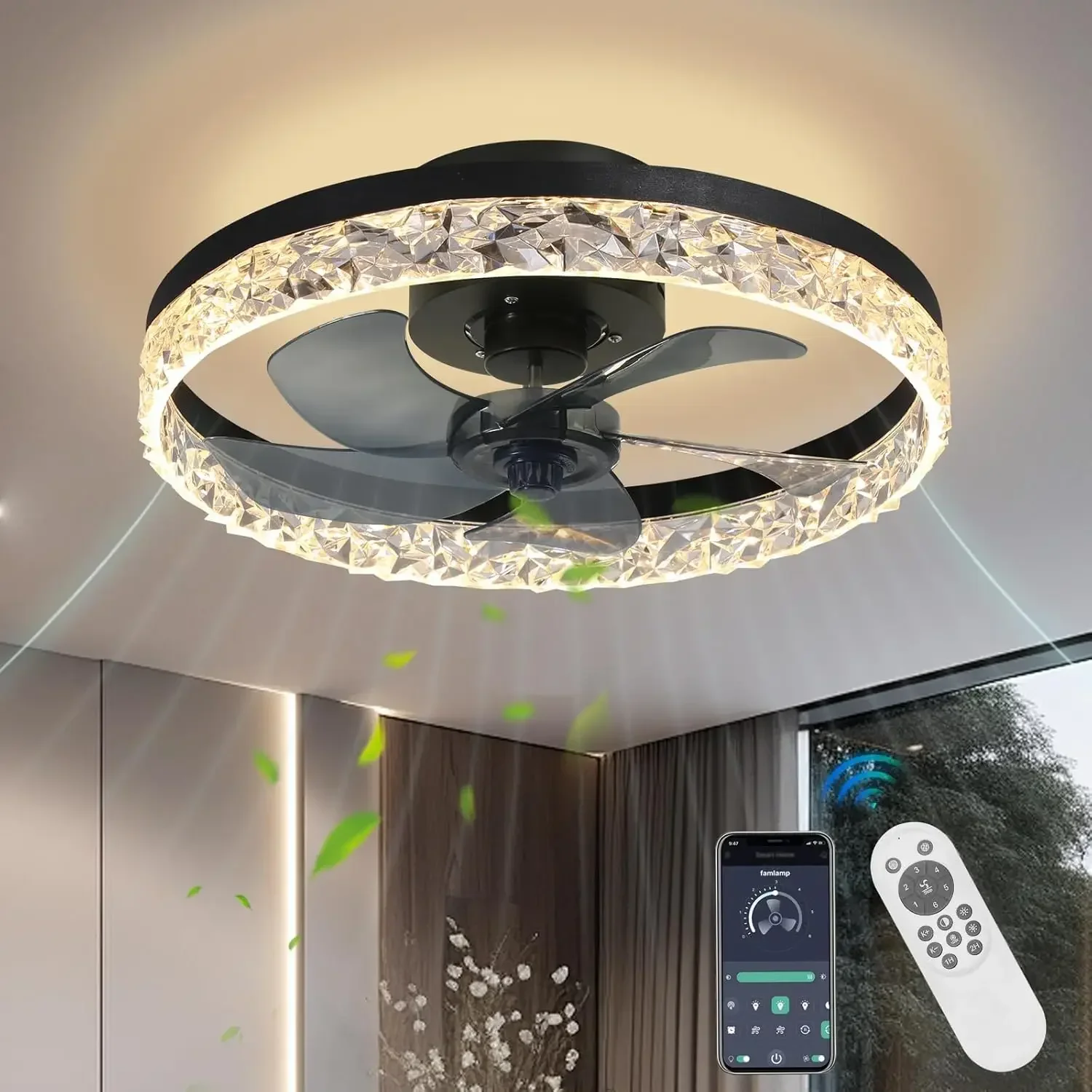 

Crystal Ceiling Fans with Lights,19.7" Flush Mount Ceiling Fan with Remote,Low Profile,Reversible,Noiseless