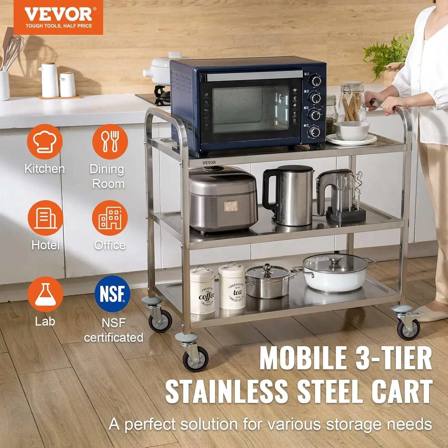 Kitchen Utility Cart, 3 Tiers, Wire Rolling Cart w/ 450LBS Capacity, Steel Service Cart on Wheels