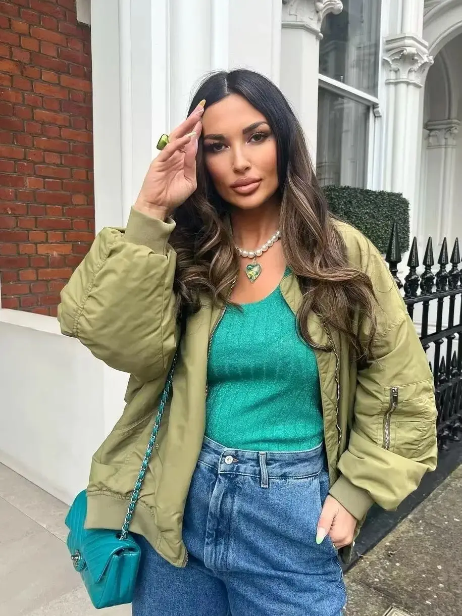 

Bomber Jackets Womens Jacket Navy Fall Jacquard Notched Plaid Checkered Snap-Button College Preppy Class Youthful School Daisy