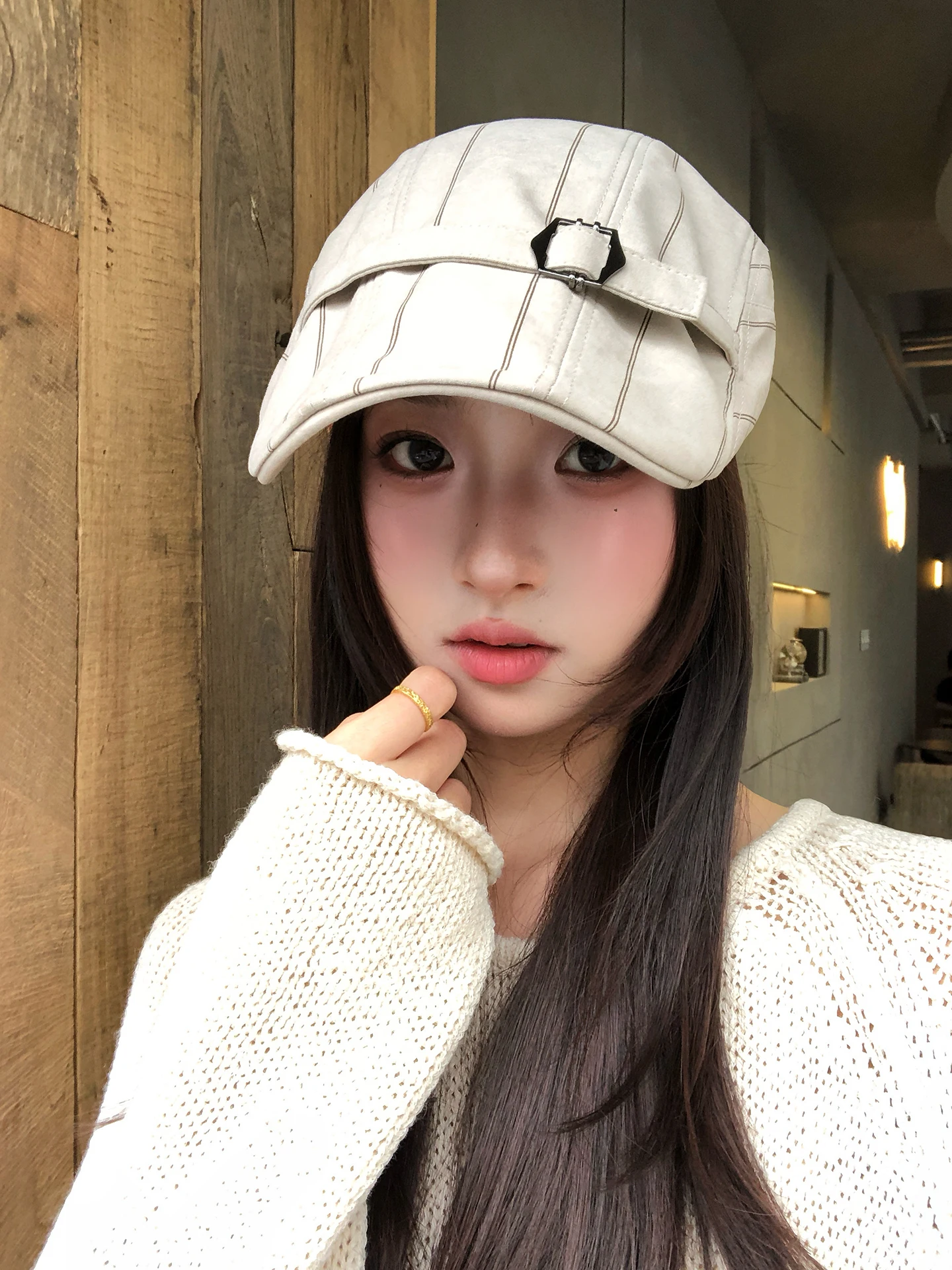 Retro Korean Striped Beret Hat Women's Autumn New Style Versatile Backward Wearing Newsboy Cap Face Slimming Fashion Accessory