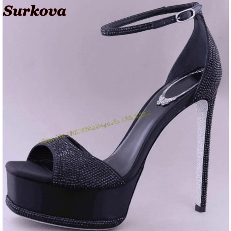 Rhinestone Waterproof Platform High Heels Grey Square Toe Stiletto Buckle Strap Summer Women Shoes Sexy Party Dress Sandals 43