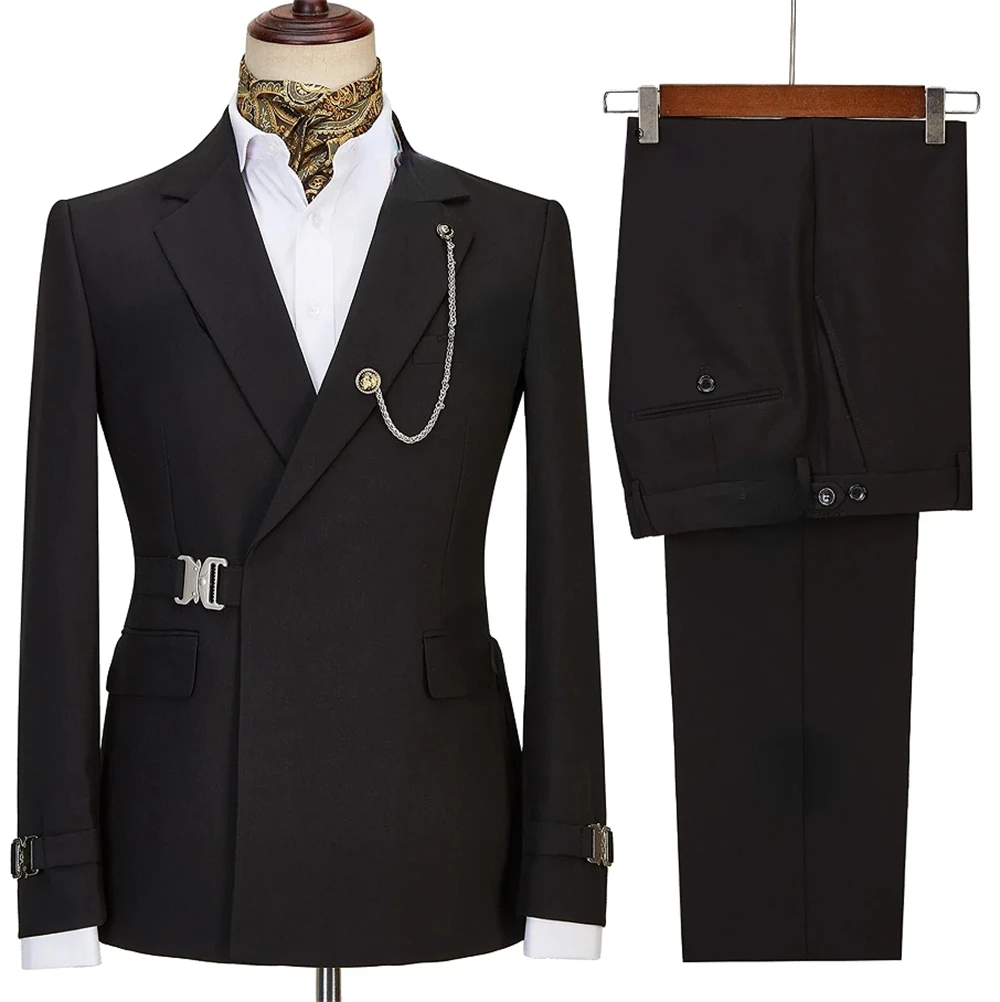 Luxury Solid Color Business Men's Suit Two Pieces Metal Buckle Male Formal Occasions Blazers and Pants