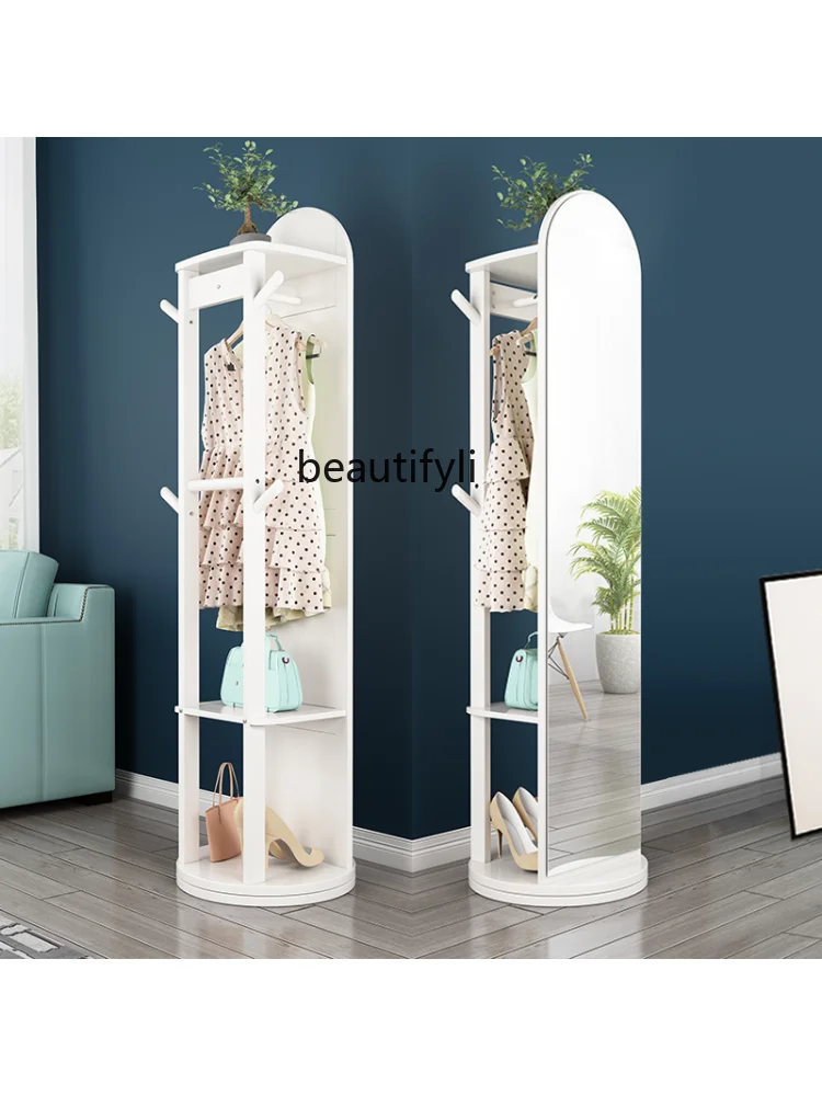 yj Clothes Rack Floor Coat Rack Solid Wood Storage Rack with Full-Length Mirror Rotating Hanging Clothes Rack