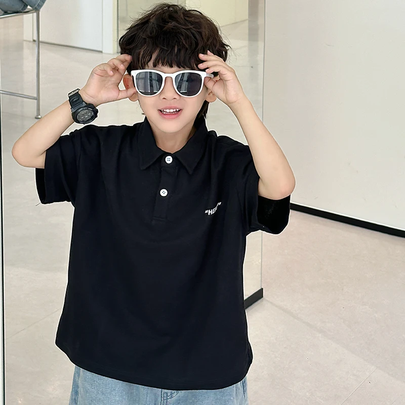 

Boys' Cotton irt ort Sve Bla Turn-down Collar Children's Summer Faionable Pure Cotton Baby Upper Body irt