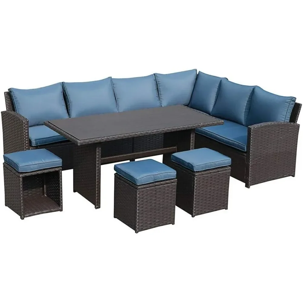 7 Piece Patio Dining Sofa Set, Outdoor Sectional Sofa Conversation Set With Ottoman, Wicker Rattan Couch Dining Table & Chair