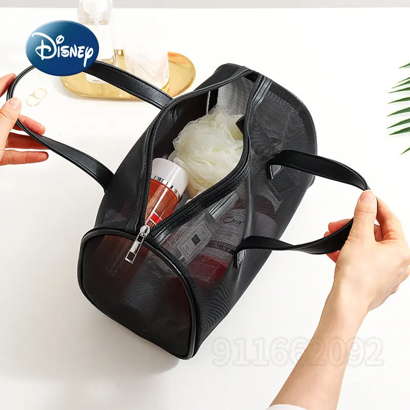 Disney Mickey Original New Makeup Bag Cartoon Mesh Translucent Handheld Makeup Bag Large Capacity Travel Cosmetics Storage Bag