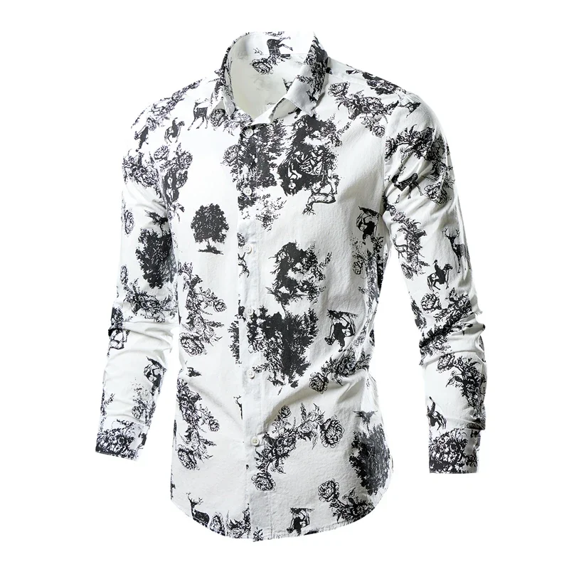 Camisa blanca de manga larga para hombre, Camisa de algodón con estampado negro, 22 colores a elegir, blusa de cuello cuadrado de un solo pecho, M-5XL 6XL