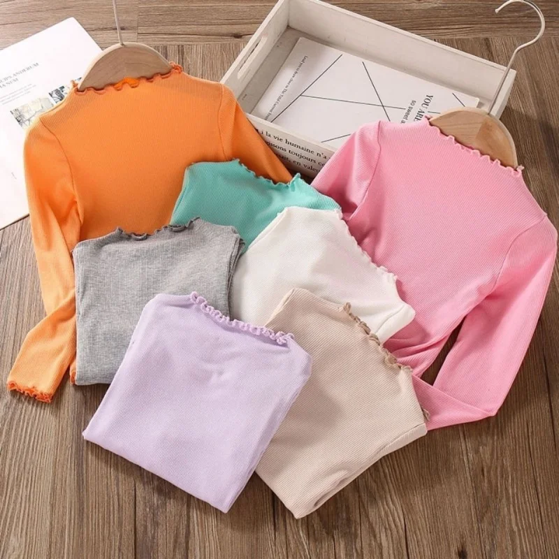 

Long-sleeved Baby Girls Bottoming Shirt for Children's Clothing Autumn New Princess Floral Half Turtle Neck Black Ear Tops