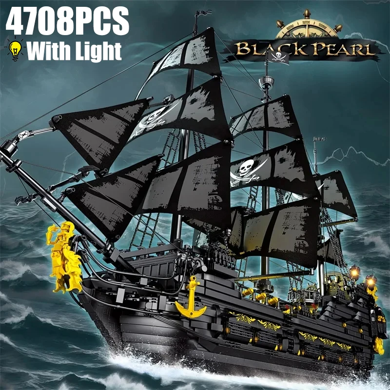 4708PCS Black Pearl Pirate Ship Building Blocks Skeleton Adventure Boat Assembly Bricks Model Set With Light Kids Toys Gifts