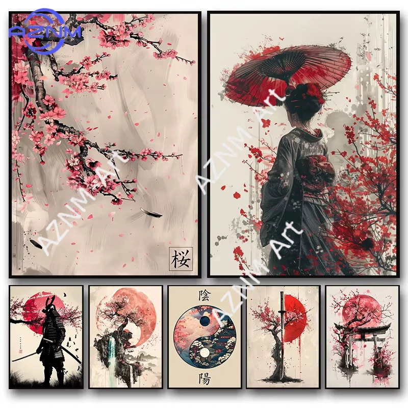 1 unidad, póster artístico de paisaje japonés, bonsái, puerta Torii, Sakura, pintura en lienzo, impresiones de pared, imagen para decoración del hogar y la habitación