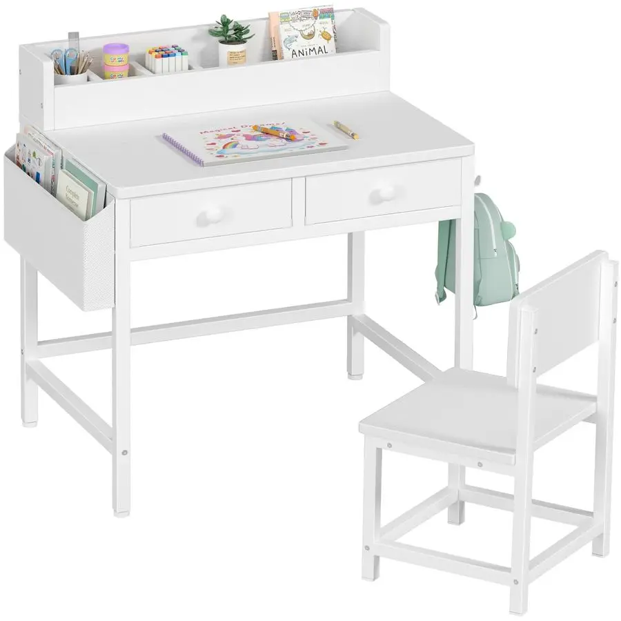 

White Kids Desk and Chair Set for 58 Year Old, Small Child Desk with Fabric Drawer, Children Study Table with Stora Customizable