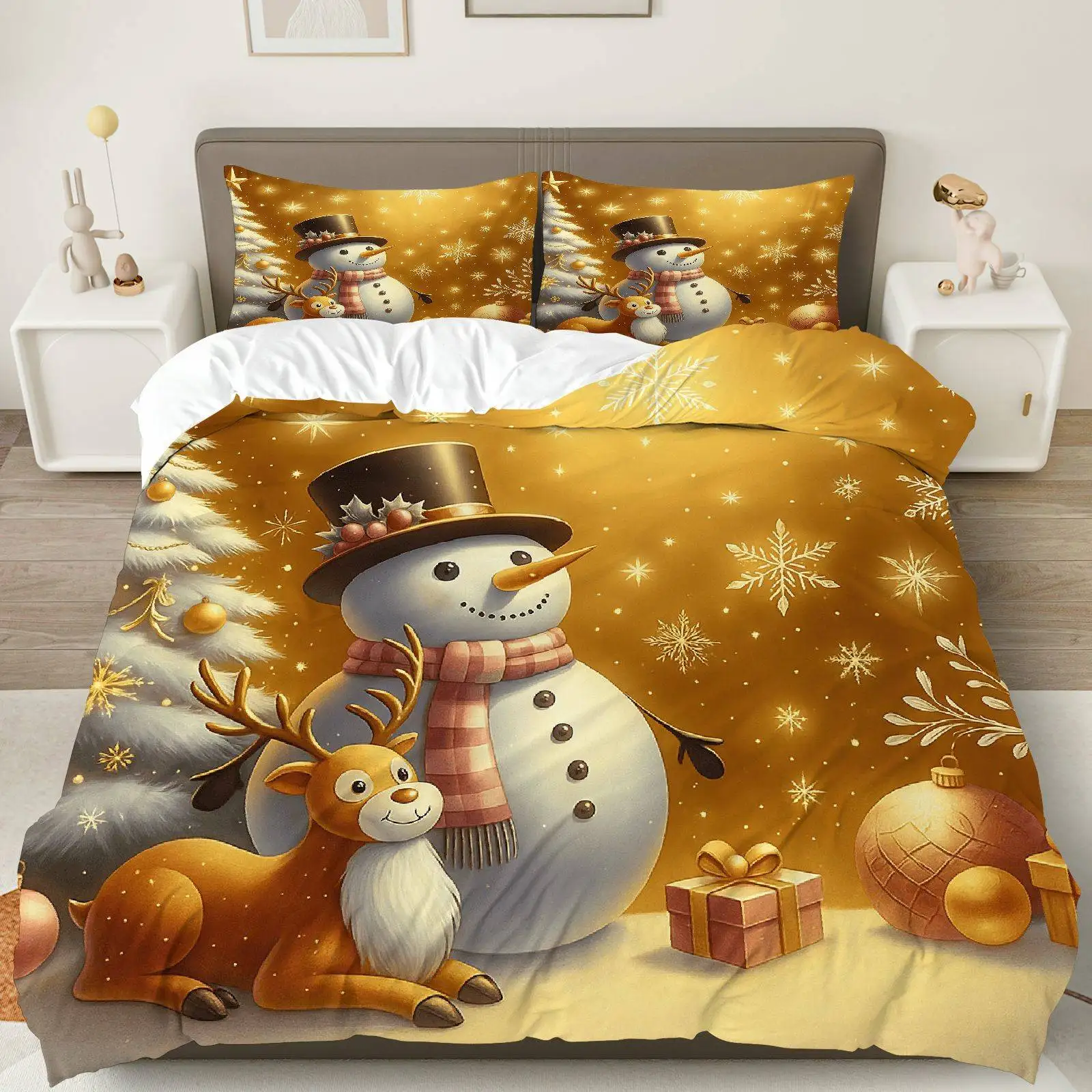

3pcs Festive Snowman & Reindeer Christmas Tree Duvet Cover Set - Cozy Polyester Bedding with Zipper Closure, Machine Washable