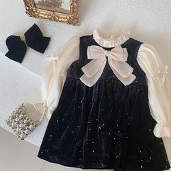 Girls Winter Dress Children Wear 2023 Winter New Velvet Girl Baby Bow Black Splice Children Winter Dress Princess Dress Trend