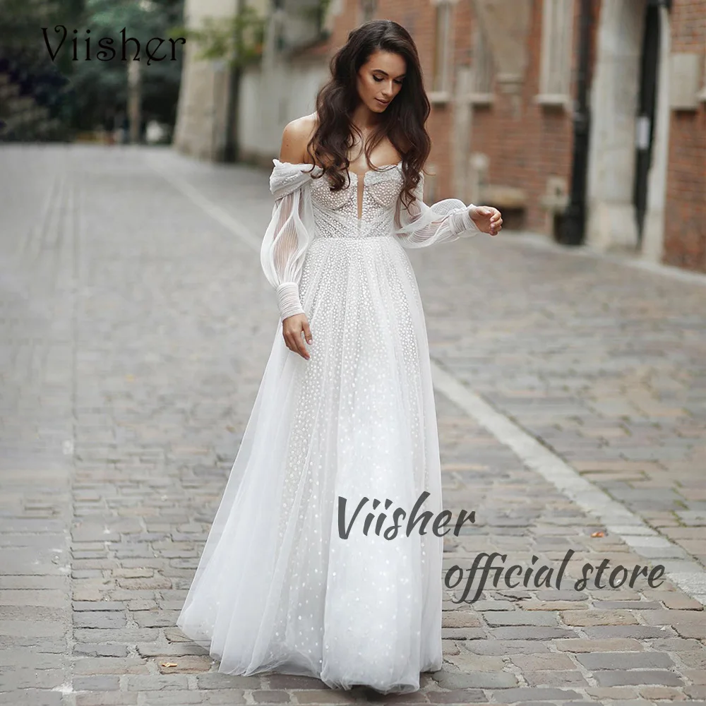 Viisher-Robes de mariée en tulle à pois blancs, robes de mariée Boho, manches bouffantes, une ligne, patients de mariage de plage, quelle que soit la longueur du sol