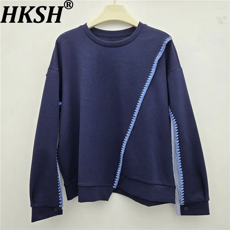 

HKSH Spring Autumn New Women Sweatshirt O-neck Pullover Patchwork Contrast Color Asymmetric Elegant Tide Ins Casual Tops HK12972