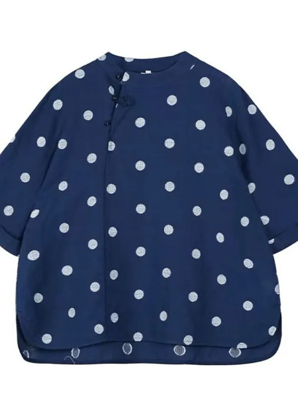 قميص نسائي صيفي غير رسمي من الكتان مقاس كبير مطرز بنقاط بولكا على الطراز الفني قميص تنحيف بأكمام خمسة للتنقل