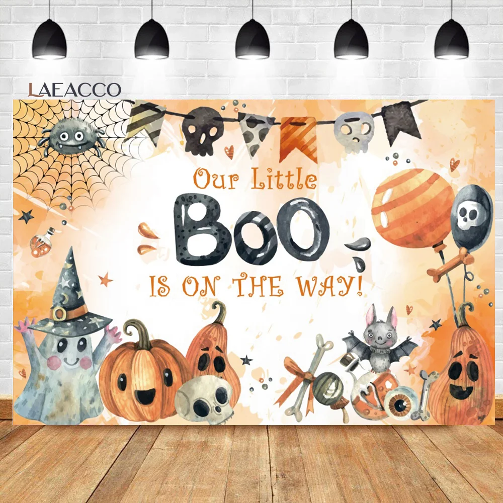 

Laeacco Halloween Baby Shower Backdrop Our Little Boo is on The Way Party Decor Boy's Birthday Portrait Photography Background