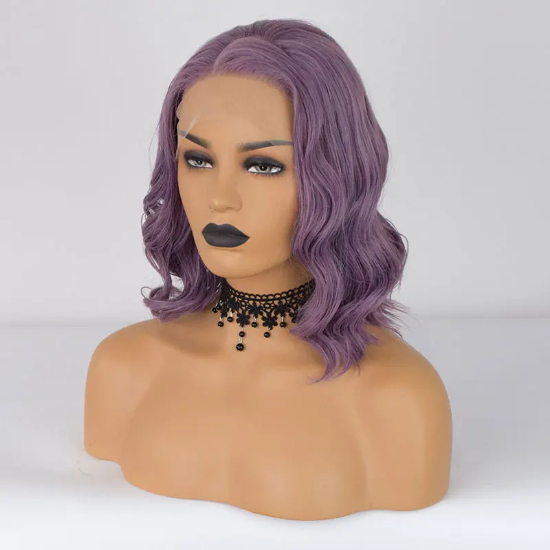 Perruque Lace Front Wig synthétique courte ondulée violette, cheveux en fibre, µ, haute qualité, degré de chaleur, raie latérale, pour femmes noires