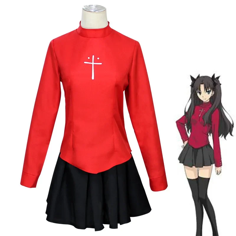 Fate Stay Night Tohsaka Rin Cosplay Costumes Girl Red Long Sleeves Shirt Skirt Wig Clothes JK Uniform Women Halloween Role Play