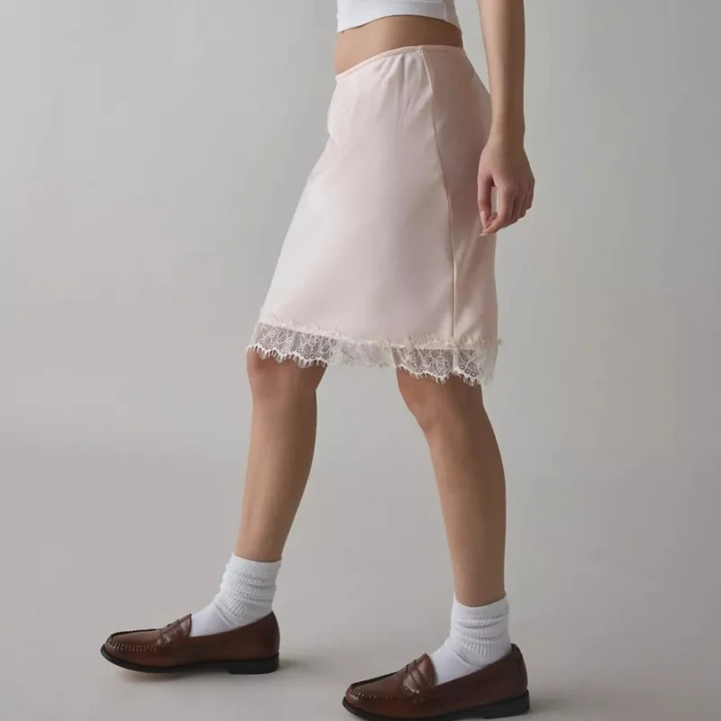 Women's Vinateg Y2k Midi Skirts Lace Trim Hem Satin Skirts Fairy Grunge Bottom Skirts Party Clubwear
